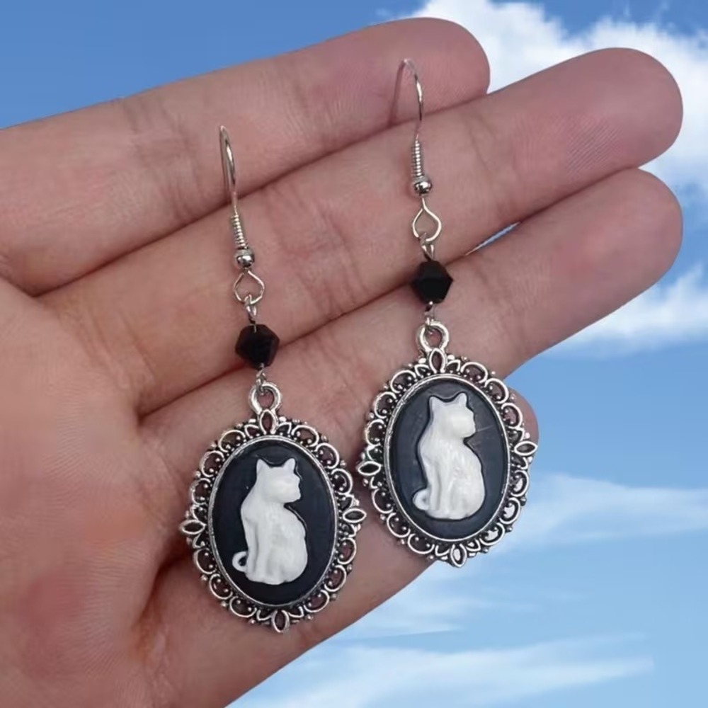 Vintage Style White Cat Cameo Earrings Silver Filigree Black Drop Dangle Goth